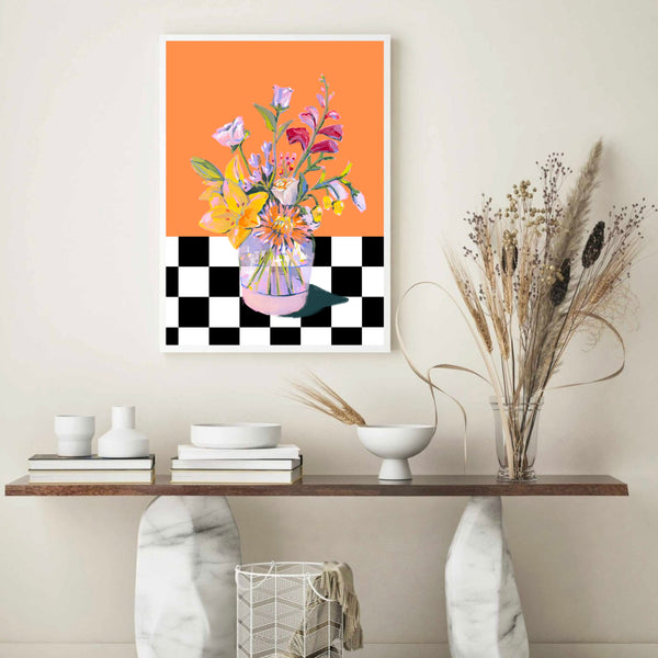 Floral Checkered Orange | Wall Art